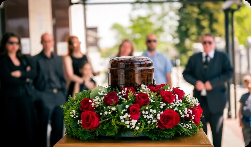 Angehörige mit Blumenschmuck am Tag der Beisetzung